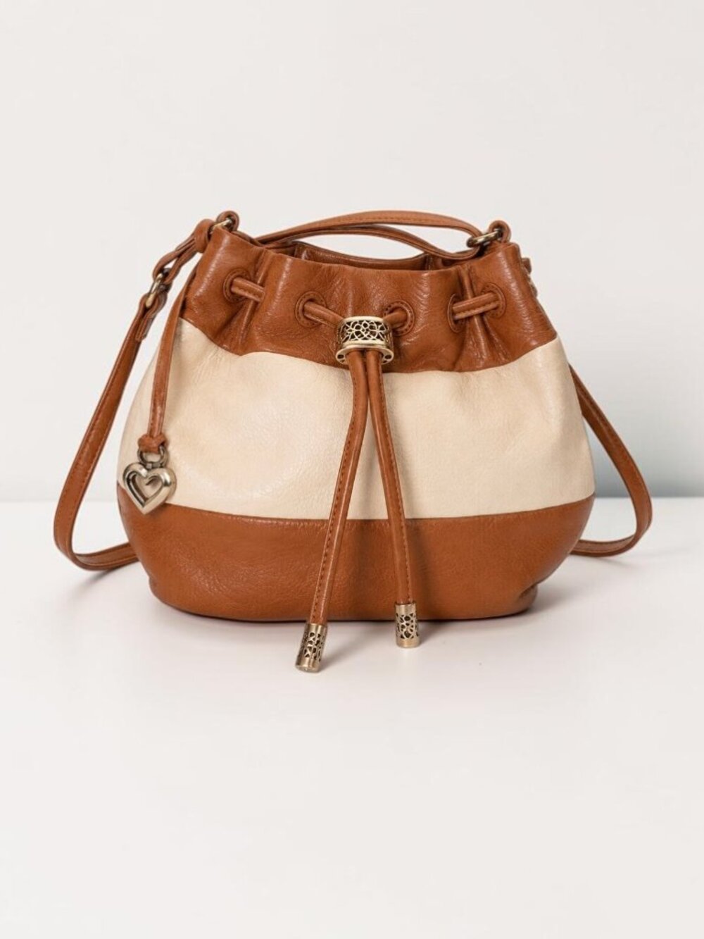 Brighton Two-Tone Drawstring Bucket Bag Heart Charm Crossbody